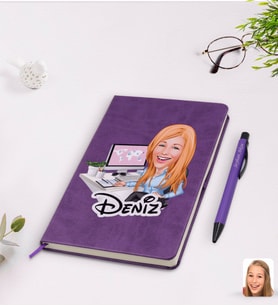 BK Gift Kişiye Özel Kadın Genel Müdür Karikatürlü Mor Termo Deri Defter Kalem Seti Model 1