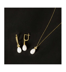 925 Ayar Zirkon Taşlı Tria Damla Gümüş İnci Set (Altın)