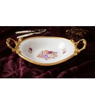 DEKORATİF GOLD METAL AYAKLI OVAL DERİN ÇİÇEKLİ PORSELEN SUNUMLUK TABAK BÜYÜK