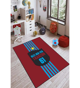 Bordo Ve Mavi Kaymaz Tabanlı Yıkanabilir Taraftar Halısı KD107