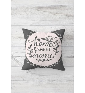 Gri Kuşlu Home Sweet Home Çift Tarafı Baskılı Gizli Fermuarlı Dekoratif Kırlent Koltuk Yastık Kılıfı (Gri-Bej)