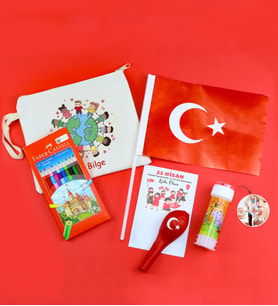 Kişiye Özel Bez El Çantası Türk Bayrağı & Balon & & Faber-Castell 12'li Boya Kalemi & Köpük Baloncuk Hediye Seti
