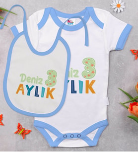 BK Kids Kişiye Özel Aylık Tasarımlı Mavi Bebek Body Zıbın ve Mama Önlüğü Hediye Seti