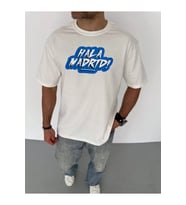Unisex Bisiklet Yaka Baskılı Oversize T-Shirt - Beyaz