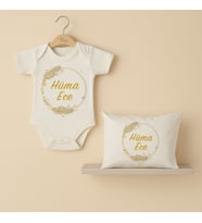 Pia Baby Premium %100 Pamuk İsme Özel Organik Baskılı Çıtçıtlı Bebek Body Ve Yastık Kılıfı 5064-19 (Ekru)