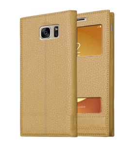 Samsung Galaxy S7 Uyumlu Pencereli Kapaklı Magnum Kılıf (Gold)