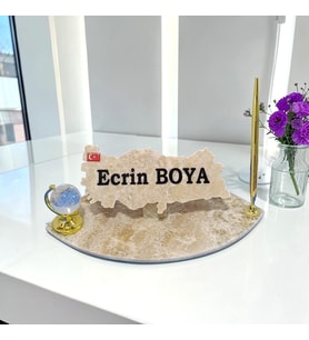 Sümen Ofis için Doğal Onix Mermer İsimlik Gold Tasarımlı Kalem ve Dünya Küre