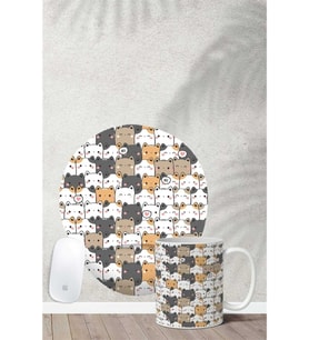 Karışık Kedi Desenli Bilek Destekli Mouse Pad Kupa Seti