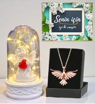 Led Işıklı Biblolu Fanus ve Gerçek Ametist Taşlı Anka Kuşu Kolye (Model 2)