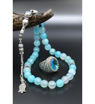AQUA MARİN (Aquamarine) Taşlı Tesbih Ve 925 Ayar Gümüş Erkek Yüzüğü AQUA MARİN (Aquamarine) Taşlı 901423
