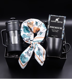 Siyah French Press & Siyah Kupa & Yaprak Detaylı Fular & Alerya Premium Filtre Kahve Hediye Seti