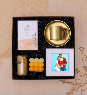 Gold Renkli Fincan, Bitki Çayı, Biblo, Mum, Kişiye Özel Çerçeve Hediye Kutusu (Model 1)
