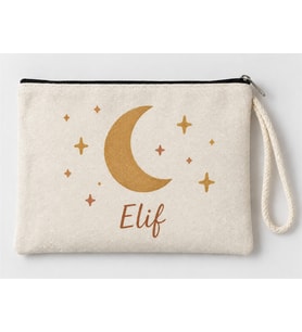 Kişiye Özel Ay ve Yıldız Baskılı Fermuarlı Makyaj Çantası Bozuk Para Cüzdanı Clutch