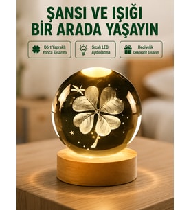 Yonca Figürlü Cam Küre USB Işıklı Ahşap Tabanlı Dekoratif Masa Lambası