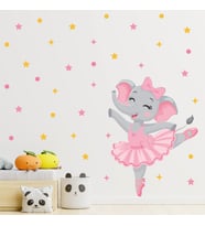 Sevimli Balerin Fil Duvar Sticker Seti, Yıldız ve Puantiye Figürlü Bebek Odası Dekoratif Folyosu