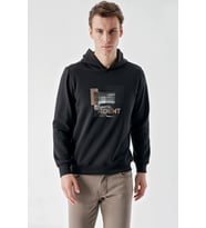Slimfit Kapşonlu Önü Baskılı 2 İplik Erkek Sweatshirt (Siyah)