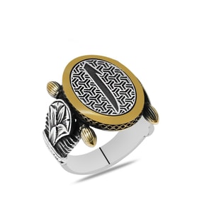 Oval Otantik Tasarım Elif Motifli 925 Ayar Gümüş Erkek Yüzük (Gri-Gümüş)