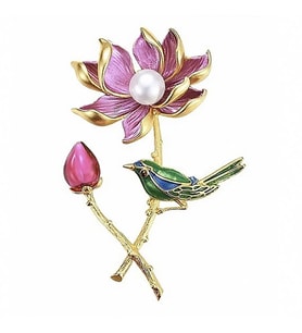 Pembe Lotus Çiçeği Daldaki Kuş Renkli Metal Broş RZ192