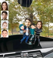 Kişiye Özel Karikatürlü Ahşap Araba Dikiz Ayna Süsü Aile-6