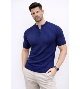 Erkek Kısa Kol Fitilli Triko T-Shirt Yazlık Hakim Yaka Tişört - Lacivert