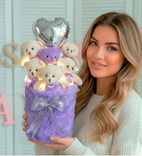 Anneler  Gününe ÖZEL: Deluxe Lila Peluş Silindir Kutuda, LED Işıklı Kalpli Balonlu 6’lı Lila Ayıcık Buketi - Anneye  Hediye