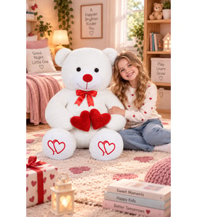 Pandamke 130 Cm Çift Kalp Tutan Peluş Ayı (%100) Yerli (Beyaz)