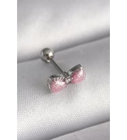 316L Çelik Gümüş Renk Pembe Kurdele Zirkon Taş Detay Tragus Piercing - TJ-PR1295
