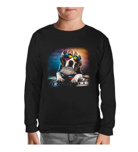 DJ Dog with Headphone Playing the Board Siyah Çocuk Sweatshirt