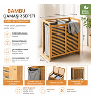 Doğal Bambu Çamaşır Sepeti 70 Litre 2 Gözlü Kirli Çamaşır Sepeti Modern Tasarım