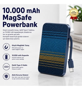 10.000 mAh Dahili Magsafe Type-C Kablolu Powerbank Karbon Desenli Taşınabilir Şarj Cihazı