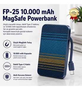 FP-25 10.000 mAh Dahili Magsafe Type-C Kablolu Powerbank Karbon Desenli Taşınabilir Şarj Cihazı
