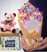 Senin İçin Renkli Led Işıklı Aynalı Büyük Boy Beyaz Kelebek Buketi & Peluş Ayıcık