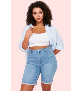 Kadın Skinny Denim Şort Yüksek Bel Düz Desenli Rahat Günlük Kombin Yaz Aylarının Vazgeçilmezi (Mavi)