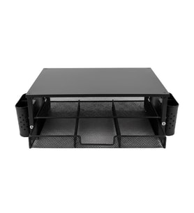 Temel Siyah Ahşap Üst Tablalı Metal Mesh Monitör Yükseltici Stand Çekmeceli Kalemlikli Masaüstü Organizer 9214