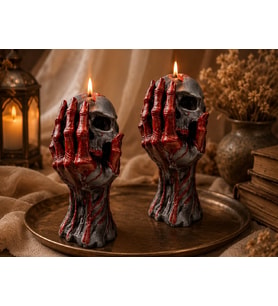 2 Adet Kuru Kafa Goth Hallowen Temalı Muhteşem Detaylara Sahip Doğal Soya Mum (Haki-Beyaz-Kırmızı-Siyah-İndigo)