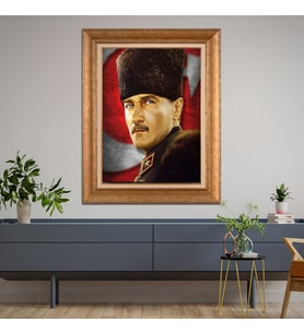 Altın Varaklı Çerçeveli Paspartulu Atatürk Tablo TR1079 (Gold)
