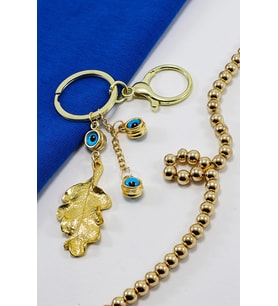 Çerçeveli Nazarlı Bohem Yaprak Anahtarlık, Gold Renkli Hediyelik Anahtarlık (Standart)