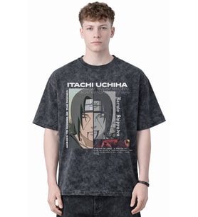 Tasarım Itachi Uchiha Naruto Anime Baskılı Unisex Oversize Eskitme Yıkamalı Tişört