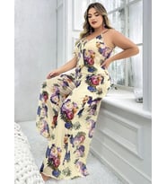 Pilelistore Özel Tasarım Büyük Beden Çiçek Desenli İnce Askılı 2'li Pijama Takımı (Çok Renkli)