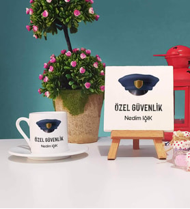 Özel Güvenlik Tasarımlı Kişiye Özel Güvenlik Türk Kahvesi Fincanı ve Dekoratif Taş Baskı Hediye Seti