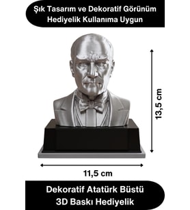 #Atatürk Mustafa Kemal Atatürk Büstü 3D Baskı Dekorasyon Biblo Gümüş Gri Premium Tasarım Şık Obje Ev