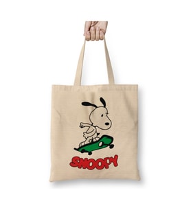 Snoopy Skating Beyaz Bez Çanta Uzun Saplı Alışveriş Çantası Plaj Çantası