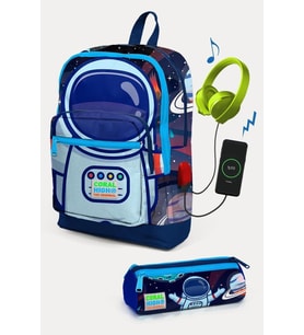 Coral High Kids Saks Mavi Astronot Desenli USB'li 2'li Okul Çanta Seti - Erkek Çocuk