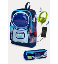 Coral High Kids Saks Mavi Astronot Desenli USB'li 2'li Okul Çanta Seti - Erkek Çocuk