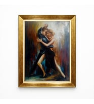 Tablore Romantik Tango Dansı Yağlıboya Dokulu Kanvas Tablo Altın Çerçeveli Salon Duvar Dekoru