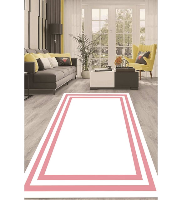 Dijital Kaymaz Taban Yıkanabilir Modern Renkli Salon Halısı Mutfak Halısı Yolluk ND-HT-526 (Beyaz-Pembe)