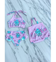Kız Çocuk karakter Baskılı Eteği Fırfırlı- ip bağlamalı ÇANTA Mayo Bikini 3 lü Takım (Pembe - Fuşya - Krem)