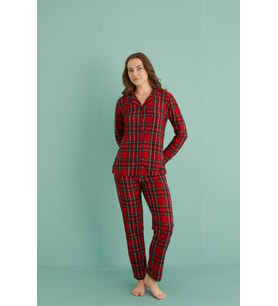 Kadın 20501-264 Uzun Kol Önü Düğmeli Süet Pijama Takımı KIRMIZI-HAKİ