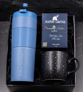 Kişiye Özel 450 Ml Mavi French Press Özellikli Çelik Termos & Yıldızlı Mat Kupa & Alerya Premium Filtre Kahve Hediye Seti