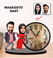 Kişiye özel Karikatür  Tesettürlü Çift, Sevgili tasarımlı Masaüstü Saat, Sevgililer Günü Hediyesi, Sevgiliye hediye-2
